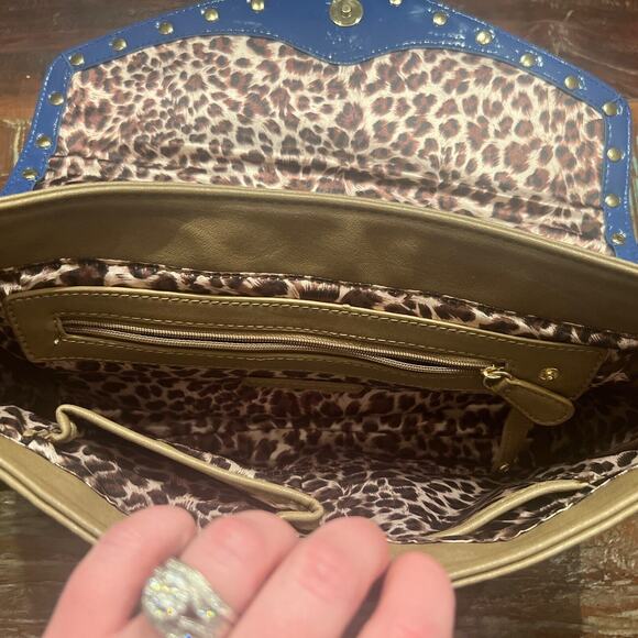 Kate Landry Tan Shoulder Bag Purse With Blue And Gold Accents Cheetah Lining - Picture 9 of 10
